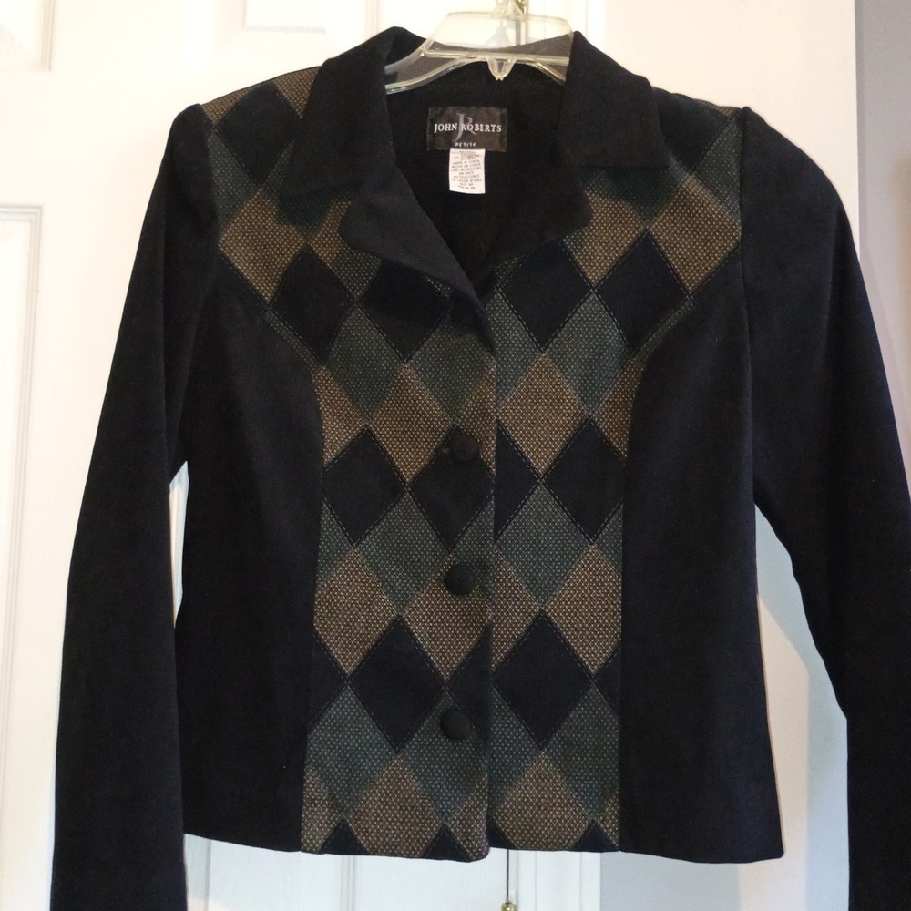 JOHN ROBERTS Petite 8P Vintage Argyle‎ Blazer Jacket Black Green Shoulder Pads - Picture 10 of 13